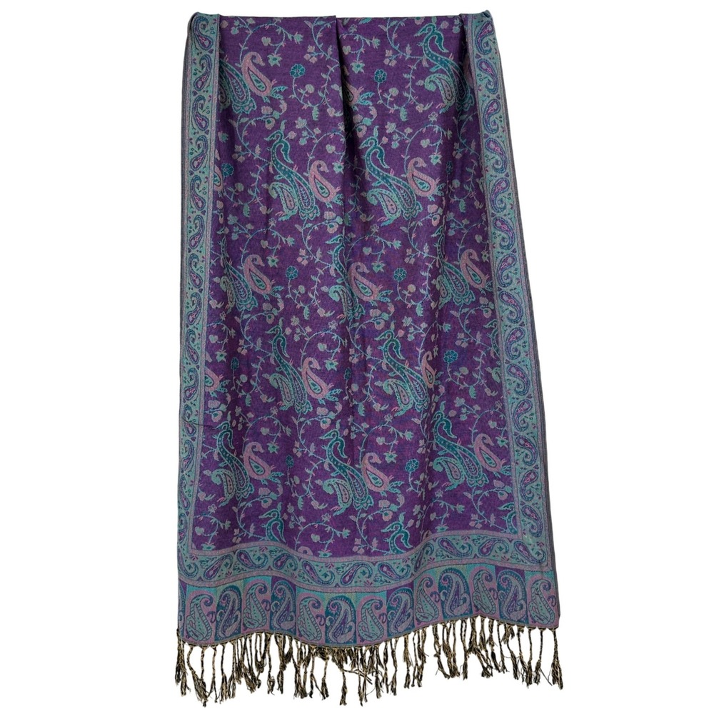 Pashmina Purple Teal Paisley Scarf Shawl Wrap Reversible Fringe Boho Scarf